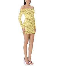 AFRM Peck Deco Dot Print Smocked Off-The-Shoulder Long Sleeve Mesh Mini Dress