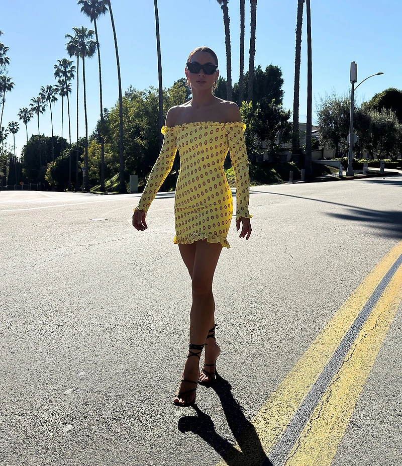 AFRM Peck Deco Dot Print Smocked Off-The-Shoulder Long Sleeve Mesh Mini Dress
