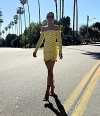 AFRM Peck Deco Dot Print Smocked Off-The-Shoulder Long Sleeve Mesh Mini Dress