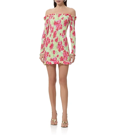AFRM Peck Smocked Floral Dot Printed Off-the-Shoulder Long Sleeve Mesh Mini Dress