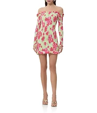 AFRM Peck Smocked Floral Dot Printed Off-the-Shoulder Long Sleeve Mesh Mini Dress