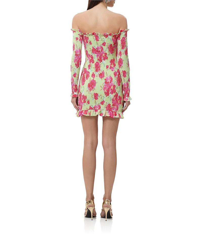 AFRM Peck Smocked Floral Dot Printed Off-the-Shoulder Long Sleeve Mesh Mini Dress