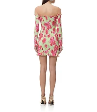 AFRM Peck Smocked Floral Dot Printed Off-the-Shoulder Long Sleeve Mesh Mini Dress
