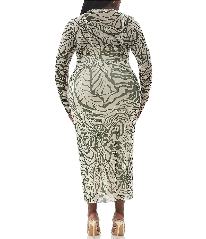 AFRM Plus Size Ashland Printed Mesh Crew Neck Long Sleeves Midi Dress