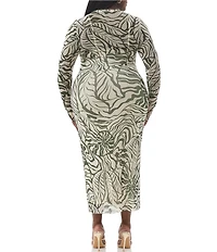 AFRM Plus Size Ashland Printed Mesh Crew Neck Long Sleeves Midi Dress