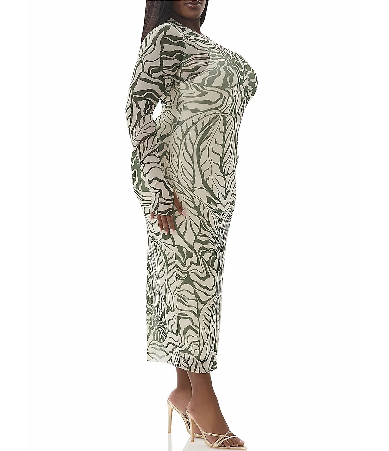AFRM Plus Size Ashland Printed Mesh Crew Neck Long Sleeves Midi Dress