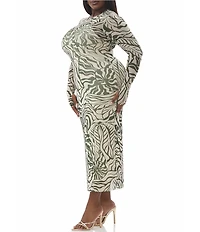AFRM Plus Size Ashland Printed Mesh Crew Neck Long Sleeves Midi Dress
