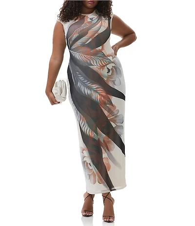 AFRM Plus Cody Leaf Print Mesh Crew Neck Cap Sleeve Maxi Dress