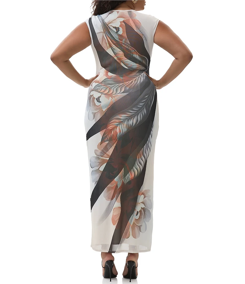 AFRM Plus Cody Leaf Print Mesh Crew Neck Cap Sleeve Maxi Dress