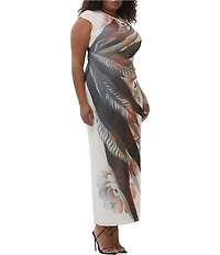 AFRM Plus Cody Leaf Print Mesh Crew Neck Cap Sleeve Maxi Dress
