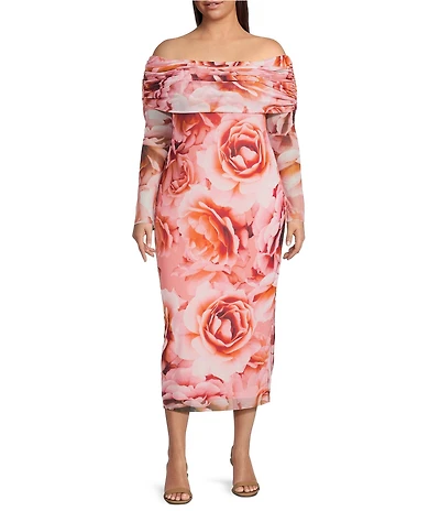 AFRM Plus Cornelia Floral Print Off The Shoulder Long Sleeve Midi Dress
