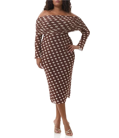 AFRM Plus Cornelia Polka Dot Print Off-the-Shoulder Long Sleeve Mesh Midi Dress