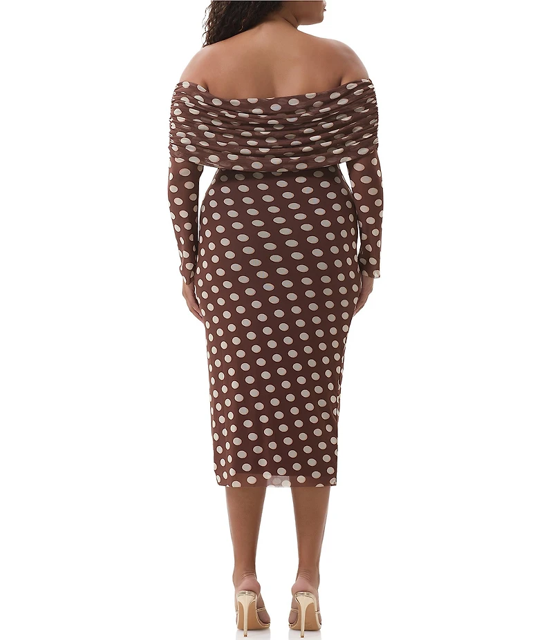 AFRM Plus Cornelia Polka Dot Print Off-the-Shoulder Long Sleeve Mesh Midi Dress