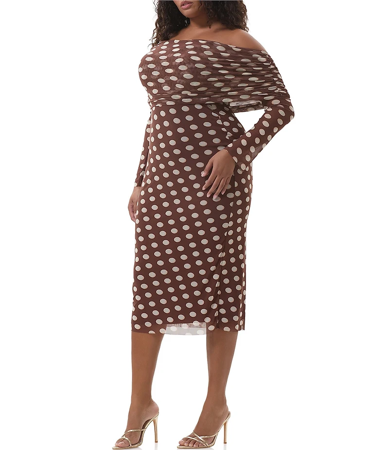 AFRM Plus Cornelia Polka Dot Print Off-the-Shoulder Long Sleeve Mesh Midi Dress
