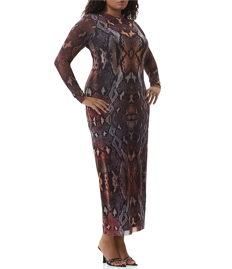 AFRM Plus Didi Snake Print Crew Neck Long Sleeve Mesh Dress