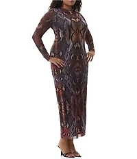 AFRM Plus Didi Snake Print Crew Neck Long Sleeve Mesh Dress