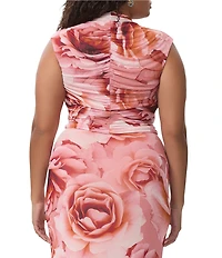 AFRM Plus Jolie Coordinating Floral Print Mock Neck Mesh Cap Sleeve Ruched Top