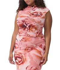AFRM Plus Jolie Coordinating Floral Print Mock Neck Mesh Cap Sleeve Ruched Top