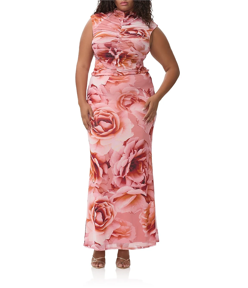AFRM Plus Jolie Coordinating Floral Print Mock Neck Mesh Cap Sleeve Ruched Top