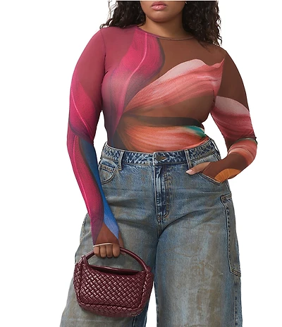 AFRM Plus Kaylee Printed Crew Neck Long Sleeve Mesh Top
