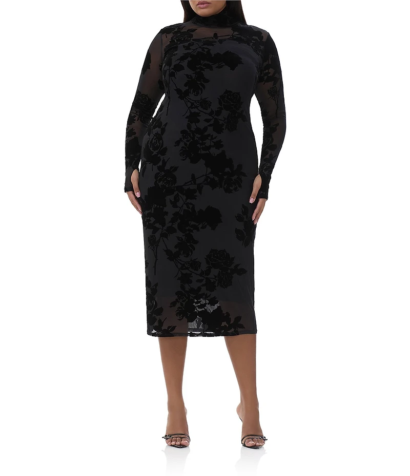 AFRM Plus Shailene Floral Flocked Mesh Mock Neck Long Sleeve Midi Dress