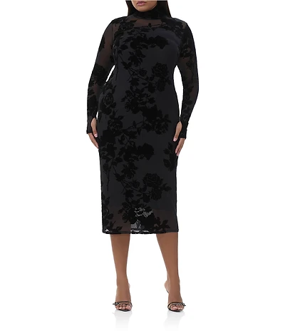 AFRM Plus Shailene Floral Flocked Mesh Mock Neck Long Sleeve Midi Dress