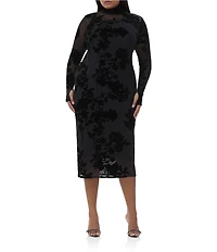 AFRM Plus Shailene Floral Flocked Mesh Mock Neck Long Sleeve Midi Dress