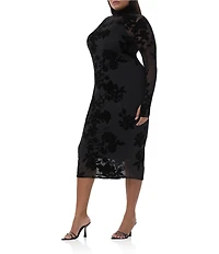 AFRM Plus Shailene Floral Flocked Mesh Mock Neck Long Sleeve Midi Dress