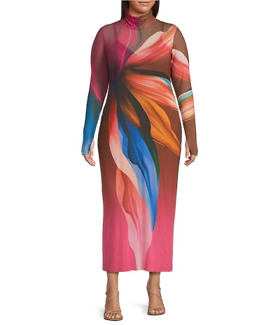 AFRM Plus Shailene Lotus Leaf Print Turtleneck Long Sleeve Mesh Midi Dress