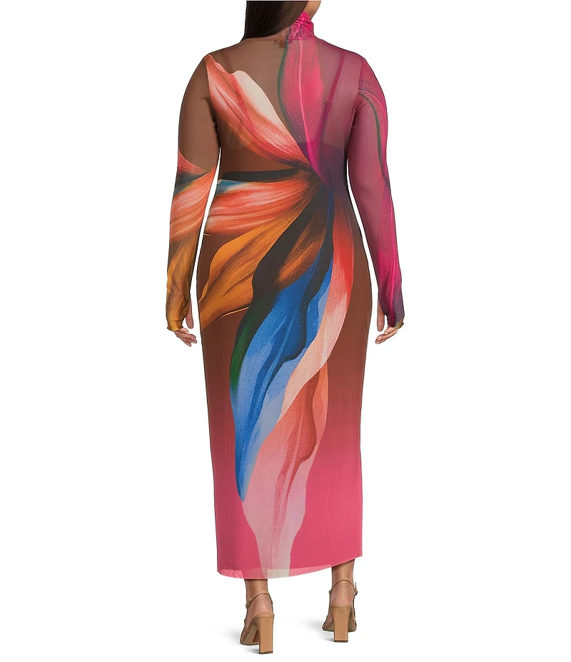 AFRM Plus Shailene Lotus Leaf Print Turtleneck Long Sleeve Mesh Midi Dress