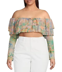 AFRM Plus Size Alma Printed Mesh Knit One Shoulder Neck Long Sleeve Ruffle Top