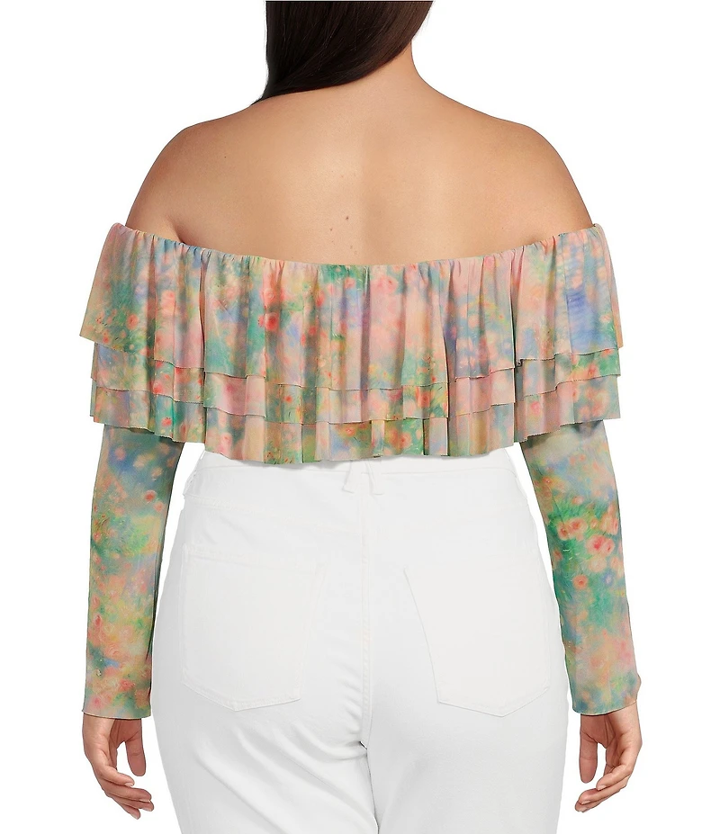 AFRM Plus Size Alma Printed Mesh Knit One Shoulder Neck Long Sleeve Ruffle Top