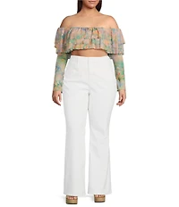 AFRM Plus Size Alma Printed Mesh Knit One Shoulder Neck Long Sleeve Ruffle Top