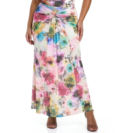 AFRM Plus Size Amirah Watercolor Blossom Printed Coordinating Mesh Maxi Skirt