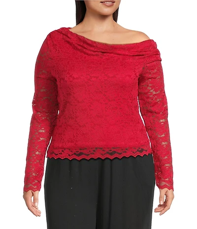 AFRM Plus Size Barry Asymmetrical Neckline Long Sleeve Silken Lace Top