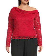 AFRM Plus Size Barry Asymmetrical Neckline Long Sleeve Silken Lace Top