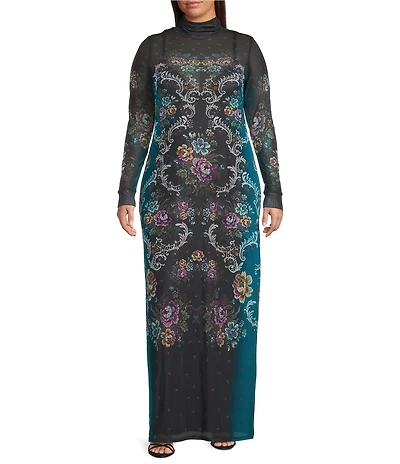 AFRM Plus Size Billie Baroque Floral Print Mock Neck Long Sleeve Mesh Maxi Dress