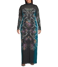 AFRM Plus Size Billie Baroque Floral Print Mock Neck Long Sleeve Mesh Maxi Dress