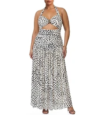 AFRM Plus Size Blane Hardware Dot Printed Halter Neck Sleeveless Power Mesh Maxi Dress