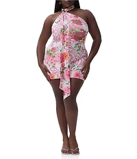 AFRM Plus Size Brylee Floral Print Halter Tie Neck Sleeveless Mini Mesh Knit Dress