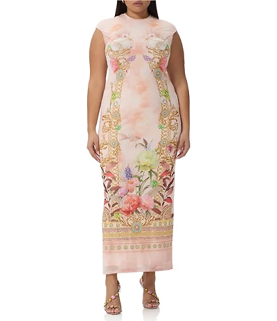 AFRM Plus Size Cody Dew Drop Mesh Placement Printed Crew Neck Cap Sleeve Maxi Dress