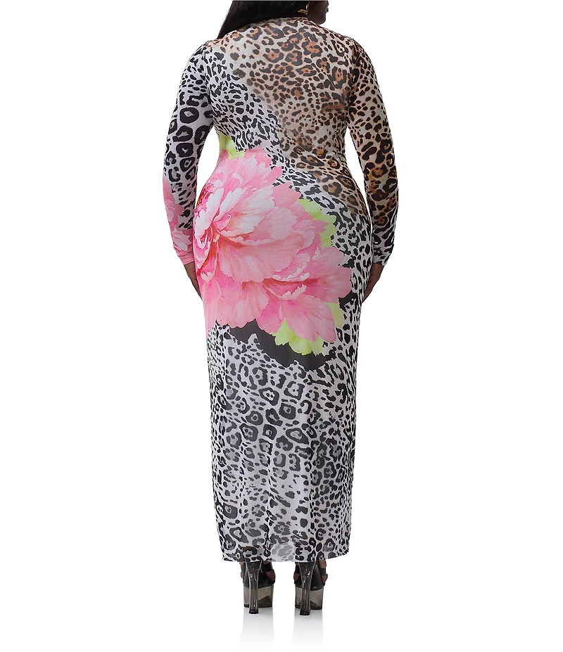 AFRM Plus Size Didi Animal Floral Print Crew Neck Long Sleeve Mesh Maxi Dress