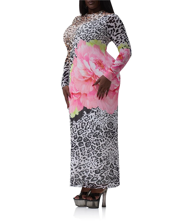 AFRM Plus Size Didi Animal Floral Print Crew Neck Long Sleeve Mesh Maxi Dress