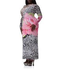AFRM Plus Size Didi Animal Floral Print Crew Neck Long Sleeve Mesh Maxi Dress