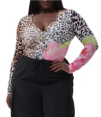 AFRM Plus Size Harris Animal Floral V-Neck Long Sleeve Mesh Knit Bodysuit