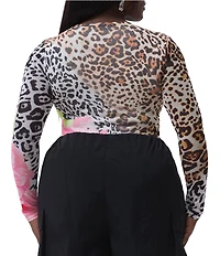 AFRM Plus Size Harris Animal Floral V-Neck Long Sleeve Mesh Knit Bodysuit