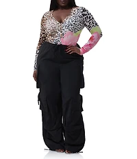 AFRM Plus Size Harris Animal Floral V-Neck Long Sleeve Mesh Knit Bodysuit