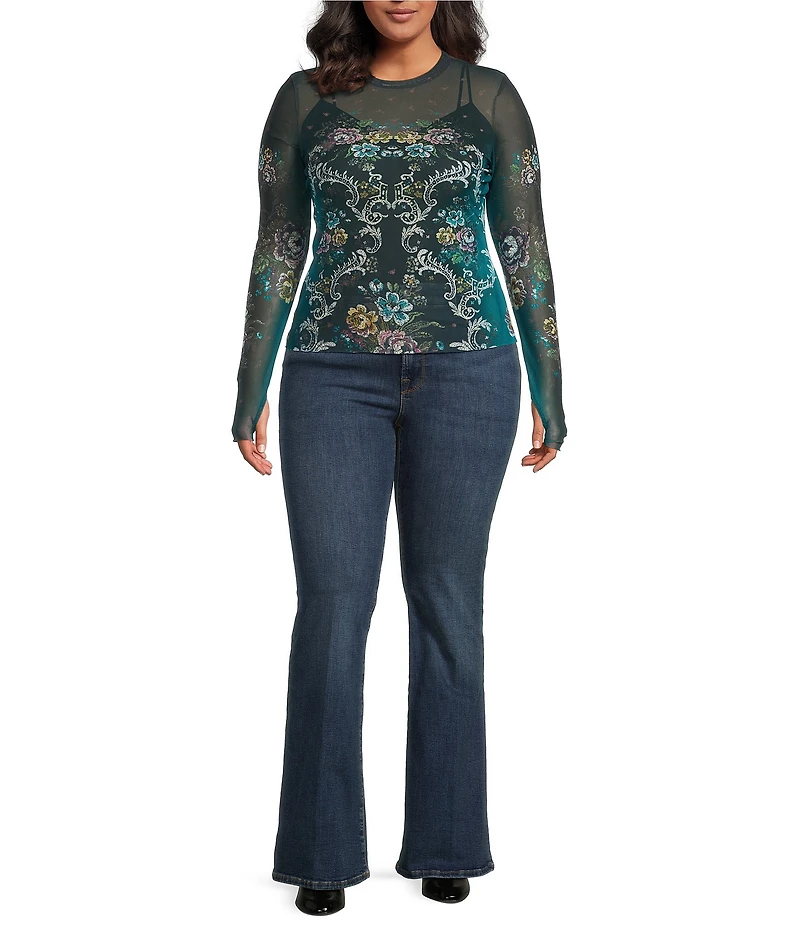 AFRM Plus Size Kaylee Baroque Floral Print Crew Neck Long Sleeve Mesh Top
