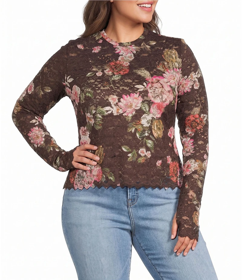 AFRM Plus Size Kaylee Rose Print Crew Neck Long Sleeve Silken Lace Top