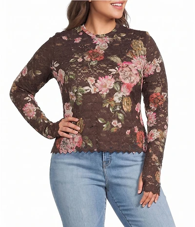 AFRM Plus Size Kaylee Rose Print Crew Neck Long Sleeve Silken Lace Top